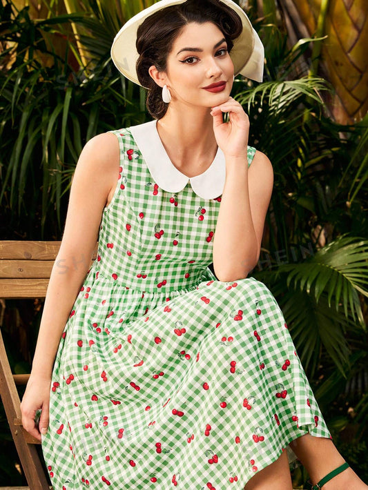 Discover timeless elegance with our Vintage Chic Plaid Cherry Print Dress, perfect for the Kentucky Derby and other summer events. Featuring a classic plaid pattern and vibrant cherry print, this dress exudes vintage charm while providing a stylish and comfortable option for any occasion. Embrace effortless chic with this must-have dress.