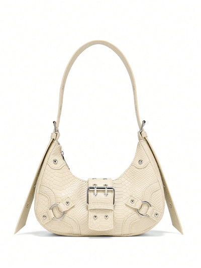 Gothic Chic: White Crocodile Shoulder Bag with Metal Buckles