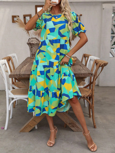 Chic and Colorful:  Geometric Print Bubble Sleeve Dress