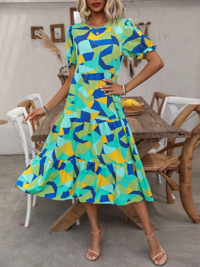 Chic and Colorful:  Geometric Print Bubble Sleeve Dress