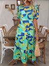 Chic and Colorful:  Geometric Print Bubble Sleeve Dress