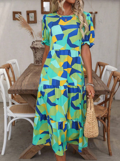 Chic and Colorful:  Geometric Print Bubble Sleeve Dress