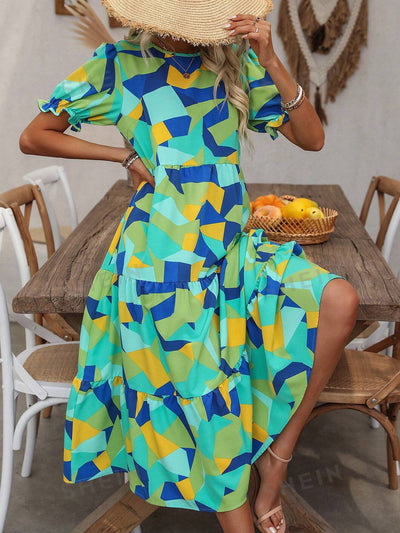 Chic and Colorful:  Geometric Print Bubble Sleeve Dress