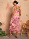 Elegant Pink Leopard Print Cami Dress with Draped Neck and High Side Slit