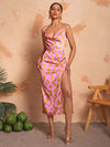 Elegant Pink Leopard Print Cami Dress with Draped Neck and High Side Slit