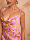 Elegant Pink Leopard Print Cami Dress with Draped Neck and High Side Slit