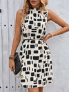 Elegant Sleeveless Mandarin Collar Dress with Full Print Details