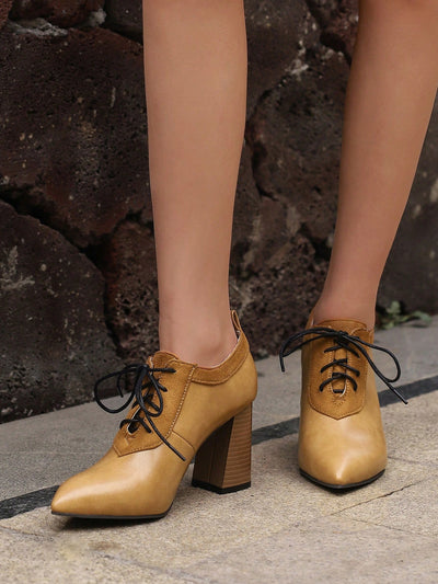 Sunshine Strut: Yellow High Heeled Shoes with Front Tie and Wood Grain Chunky Heels
