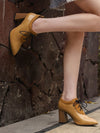 Sunshine Strut: Yellow High Heeled Shoes with Front Tie and Wood Grain Chunky Heels