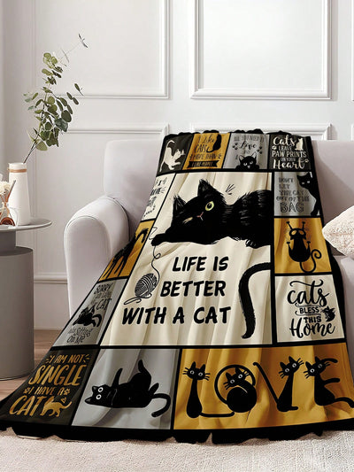 Modern Cat Pattern Flannel Blanket: Versatile Polyester Fiber Blanket for Any Scene