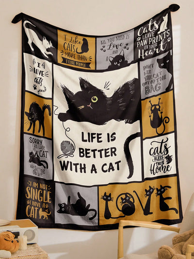 Modern Cat Pattern Flannel Blanket: Versatile Polyester Fiber Blanket for Any Scene