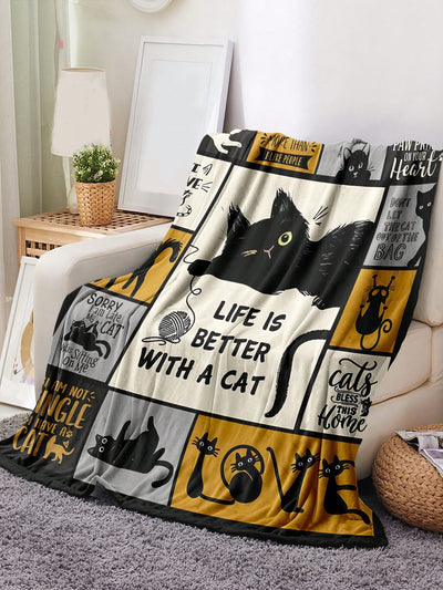 Modern Cat Pattern Flannel Blanket: Versatile Polyester Fiber Blanket for Any Scene