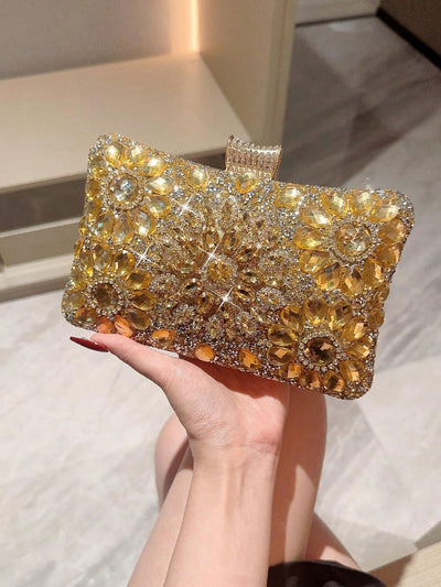 Elegant Sunflower Crystal-Embellished Evening Clutch: Glamorous Handbag for Weddings & Formal Events