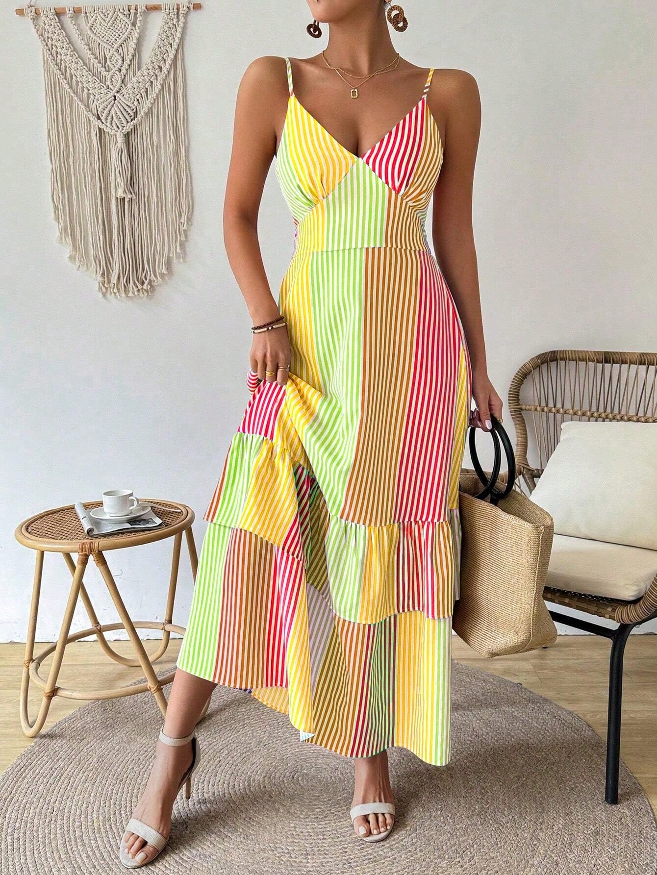 Expertly designed for the fashionable woman, our Stylish Stripes Summer Tank Dress features a delicate ruffle hem and trendy striped pattern. Made with lightweight and breathable materials, this dress is perfect for staying cool and stylish during the summer season. Elevate your wardrobe with this must-have piece.