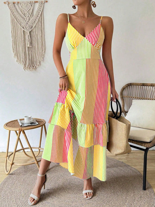 Expertly designed for the fashionable woman, our Stylish Stripes Summer Tank Dress features a delicate ruffle hem and trendy striped pattern. Made with lightweight and breathable materials, this dress is perfect for staying cool and stylish during the summer season. Elevate your wardrobe with this must-have piece.