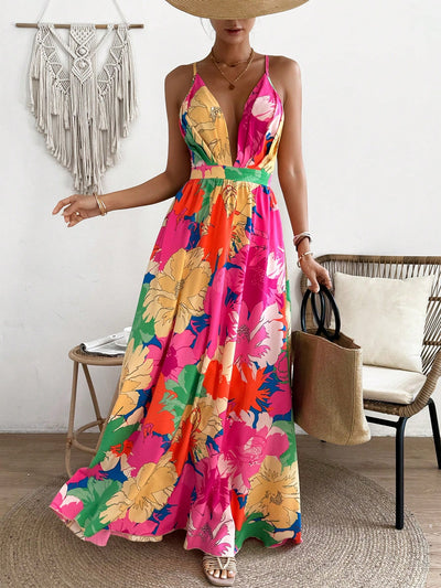 Vibrant Vacation Chic: Flower Printed Spaghetti Straps Backless Dress