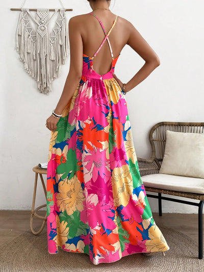 Vibrant Vacation Chic: Flower Printed Spaghetti Straps Backless Dress