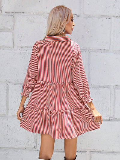 Chic and Classic: Women's Striped Mid-Sleeved Dress With Ruffled Hem