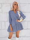 Chic and Classic: Women's Striped Mid-Sleeved Dress With Ruffled Hem