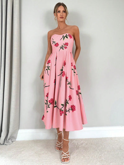 Stay Elegant and Chic in Summer with Women's Floral Rose Print Apron Dress