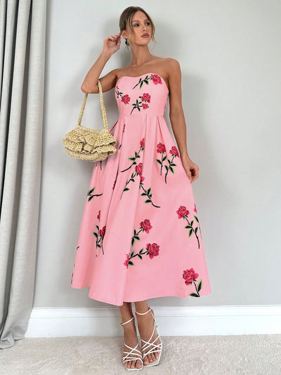 Stay Elegant and Chic in Summer with Women's Floral Rose Print Apron Dress