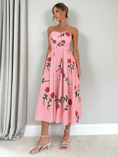 Stay Elegant and Chic in Summer with Women's Floral Rose Print Apron Dress