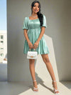 Women's Green Square Neck Vacation Dress with Back Bow Tie and Puff Sleeves