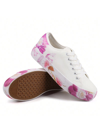 Floral Lace-Up Casual Walking Shoes: Step into Style with White Flat Kateboard Sneakers