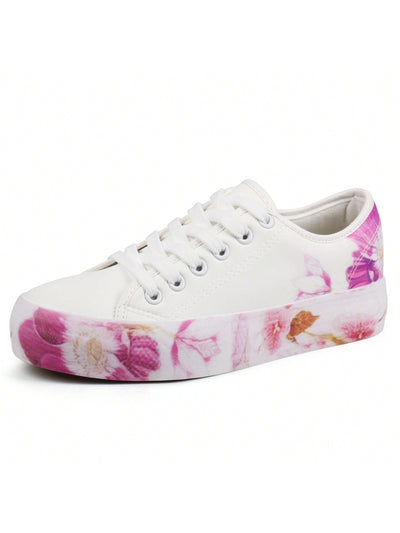 Floral Lace-Up Casual Walking Shoes: Step into Style with White Flat Kateboard Sneakers