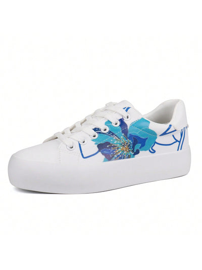 White Floral Lace-Up Platform Sneakers: Spring/Summer Casual Walking Shoes