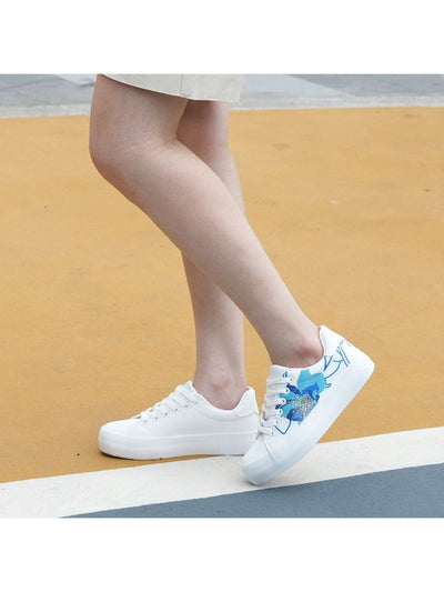 White Floral Lace-Up Platform Sneakers: Spring/Summer Casual Walking Shoes