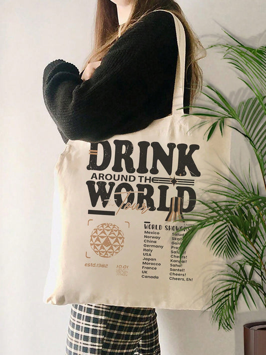This stylish tote bag features a "Drink Around The World" pattern, making it perfect for travel or daily commute. With sturdy canvas material and a comfortable shoulder strap, it offers both functionality and fashion. Perfect for any trip or daily outing.