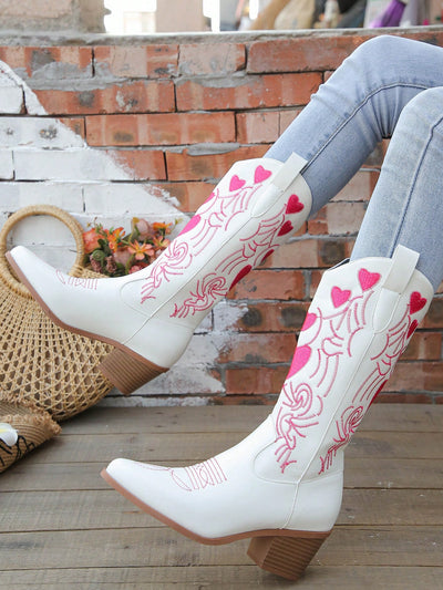 Chic Western Vibes: Embroidered Cowboy Boots with Chunky Heels