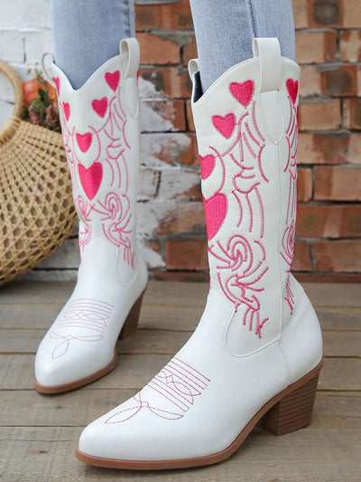 Heartfelt Western Knight Boots: Pointed Toe, Chunky Heels & Embroidered Style