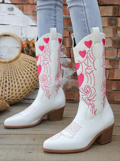 Heartfelt Western Knight Boots: Pointed Toe, Chunky Heels & Embroidered Style