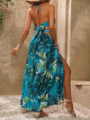 Vacay Vibes: Tropical Print Backless Knot Halter Neck Split Thigh Dress