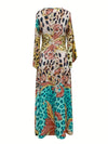 Wild Spring Style: Leopard and Plant Printed Flare Sleeve Belted Dress