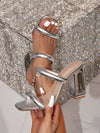 White Crystal Chunky Heel Mule Sandals: Shimmering Sequin Decoration for Parties, Festivals, and Weddings