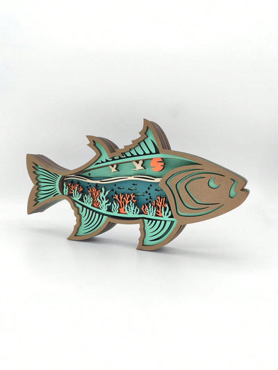 Ocean Fish Wooden Animal Crafts Carving with Lamp: Creative Home and Office Decoration