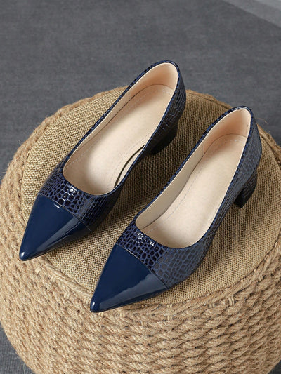 Stone Pattern Light Blue Autumn Shallow Mouth Pumps with Chunky Heel - Women's Fashion