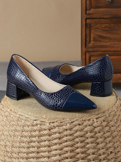 Stone Pattern Light Blue Autumn Shallow Mouth Pumps with Chunky Heel - Women's Fashion