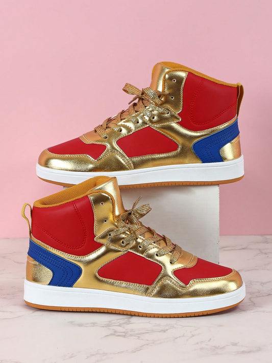 Stylish High Top Skateboarding Shoes in Red, Blue, and Gold - Coolest Street Style Trend