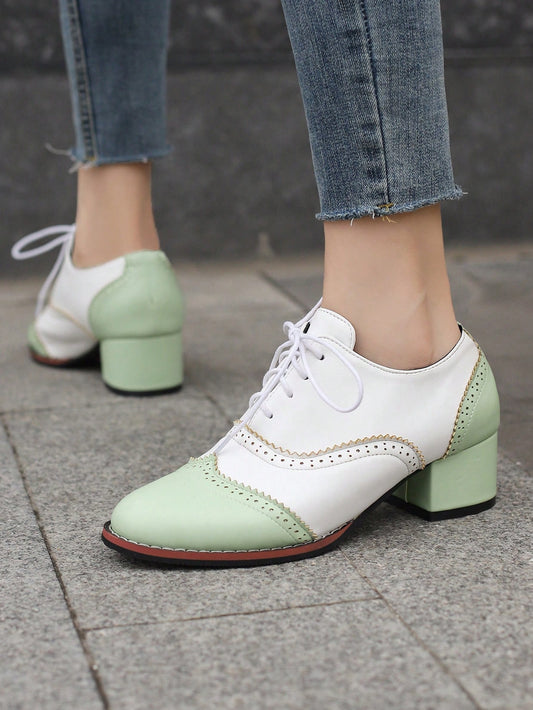 Vintage Charm: Block Mid-Heel Shoes with White and Green PU Straps for Women
