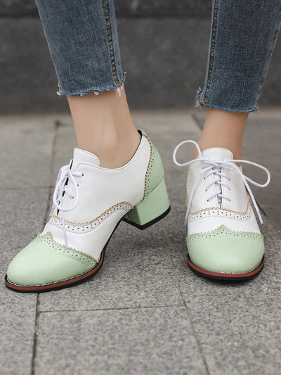 Vintage Charm: Block Mid-Heel Shoes with White and Green PU Straps for Women