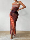 Gradient Goddess: Ruched Tulle Dress with High Slit and Asymmetric Collar