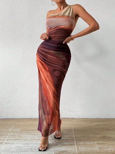 Gradient Goddess: Ruched Tulle Dress with High Slit and Asymmetric Collar