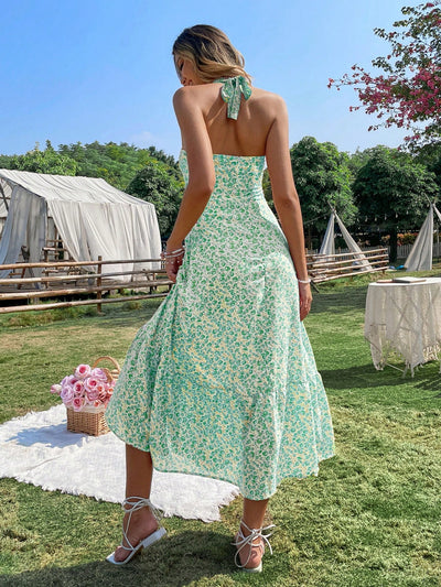 Blooming Beauty: Women's Floral Print Halter Neck Sleeveless A-Line Dress