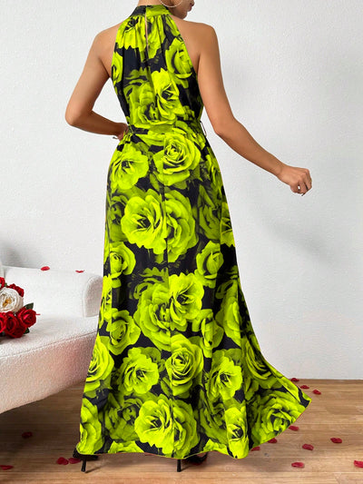 Summer Bloom: Women's Large Rose Print Halter Sleeveless Long Dress