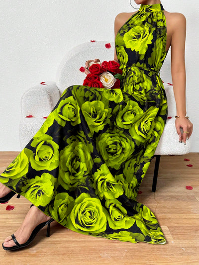 Summer Bloom: Women's Large Rose Print Halter Sleeveless Long Dress