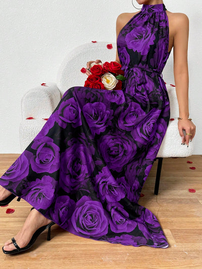 Summer Bloom: Women's Large Rose Print Halter Sleeveless Long Dress